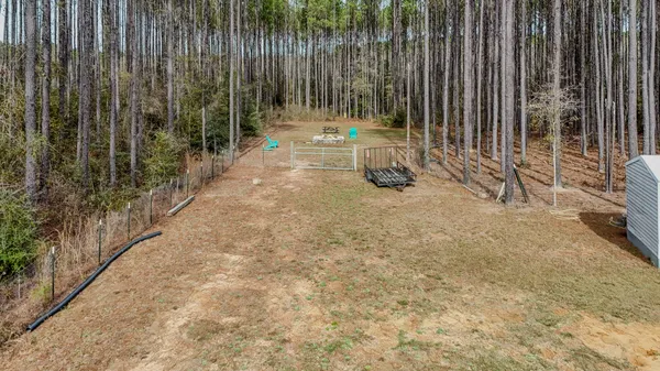 a view of a backyard with wooden fence