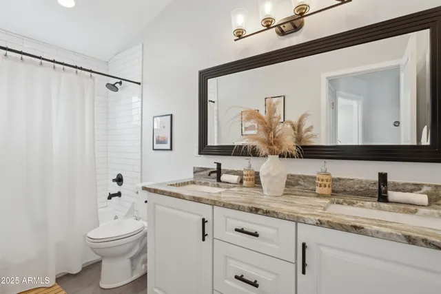 a bathroom with a double vanity sink mirror and toilet