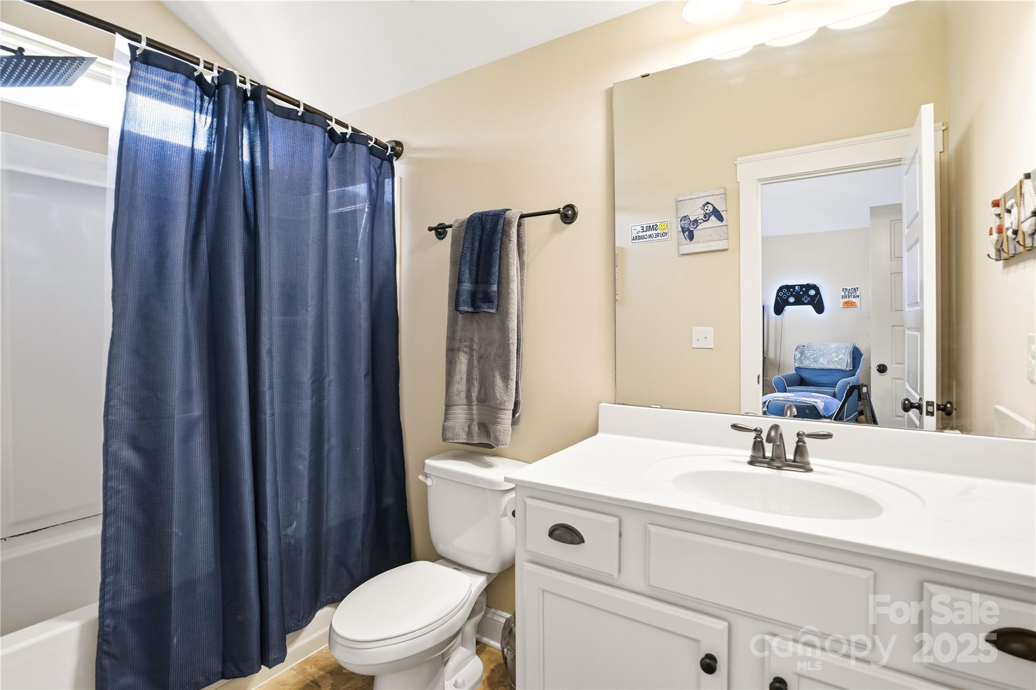 3168 Delaware Drive Denver, NC 28037 - Photo 33 of 47 a bathroom with a sink a toilet a mirror and shower curtain
