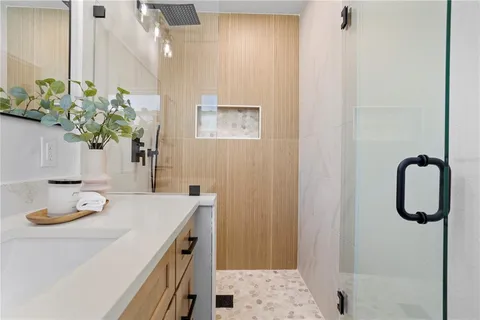 a close view of kitchen sink with granite countertop white cabinets and a potted plant