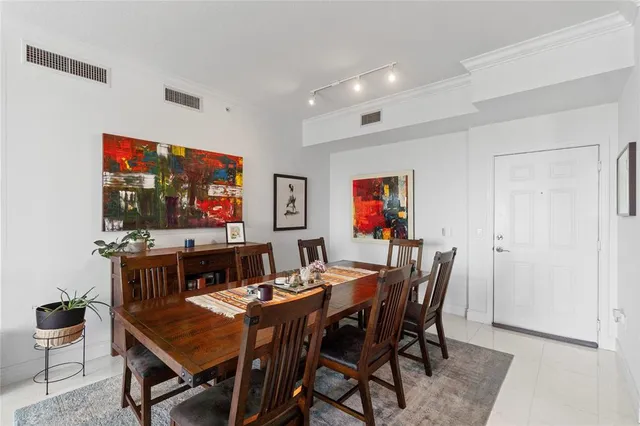 a view of a dining room with furniture