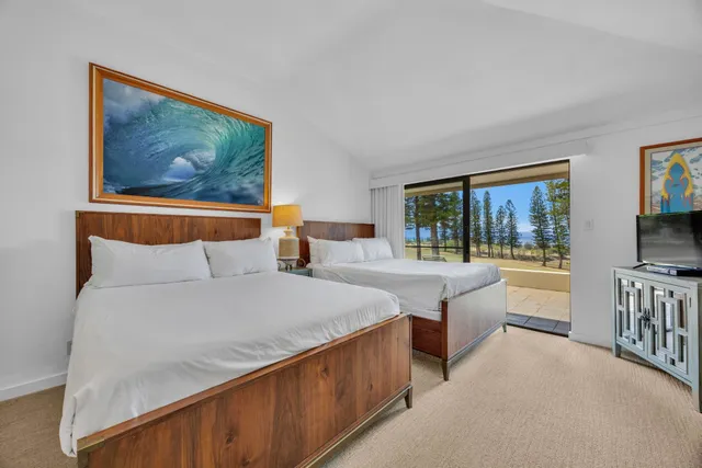 a bedroom with a large bed and a flat screen tv