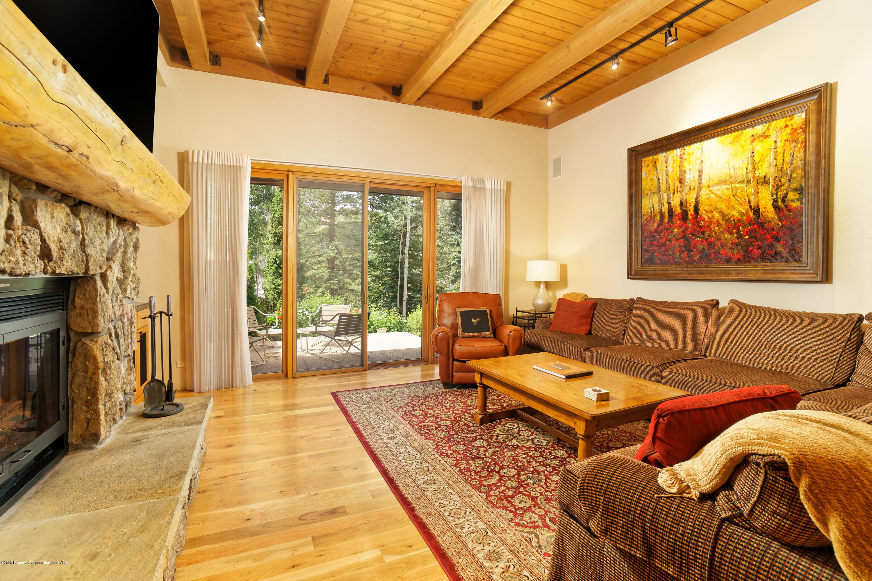 800 Ridge Road, Unit 9 Snowmass Village, CO 81615 - Photo 6 of 42 a living room with furniture a fireplace and a large window