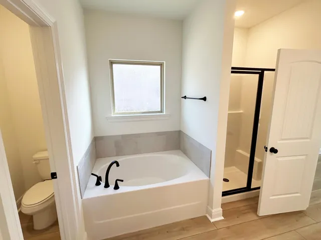 a bathroom with a bathtub and a toilet