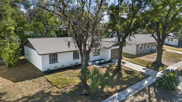 a view of a backyard with large trees