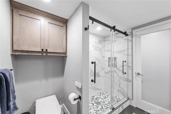 a bathroom with a shower and a toilet