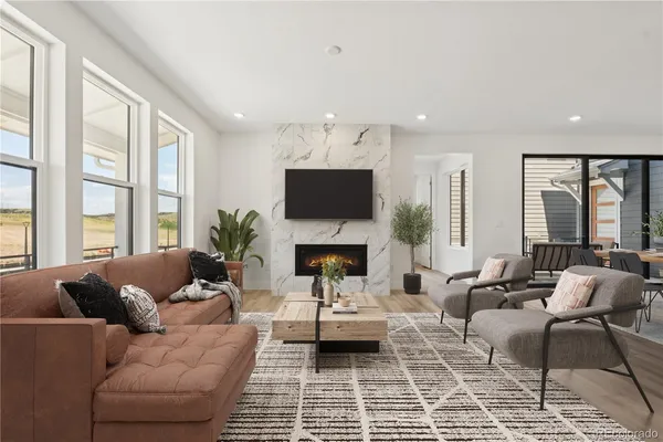 a living room with furniture potted plant and a fireplace