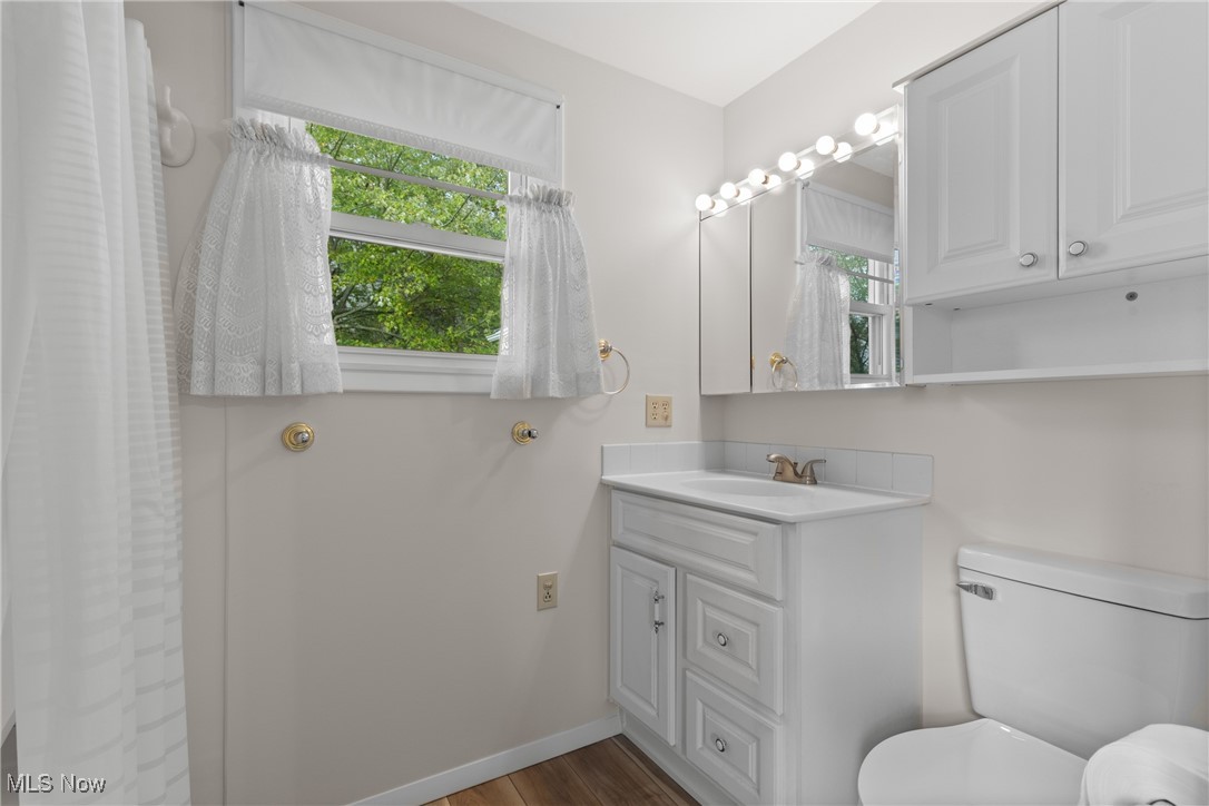 59638 Broadview Road Shadyside, OH 43947 - Photo 19 of 43 Bathroom featuring vanity, curtained shower, and dark wood-type flooring