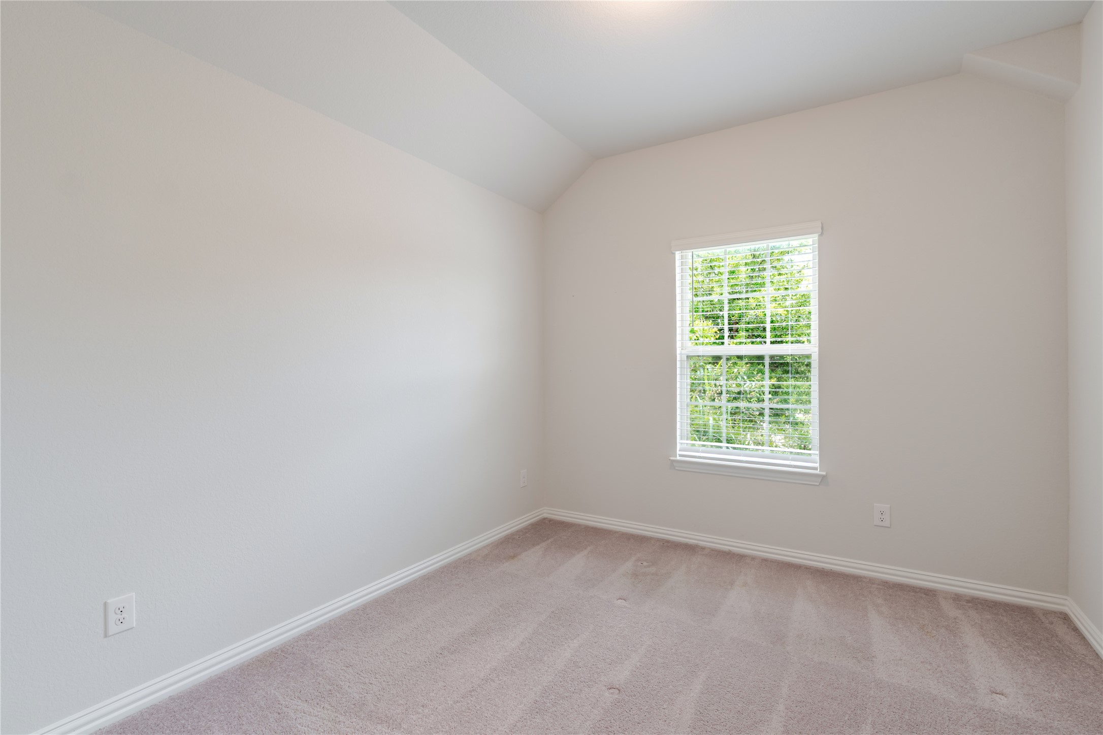 1117 Terrace View Georgetown, TX 78628 - Photo 23 of 25 Bright interior room featuring a single window with white blinds, neutral carpeting, and vaulted ceilings