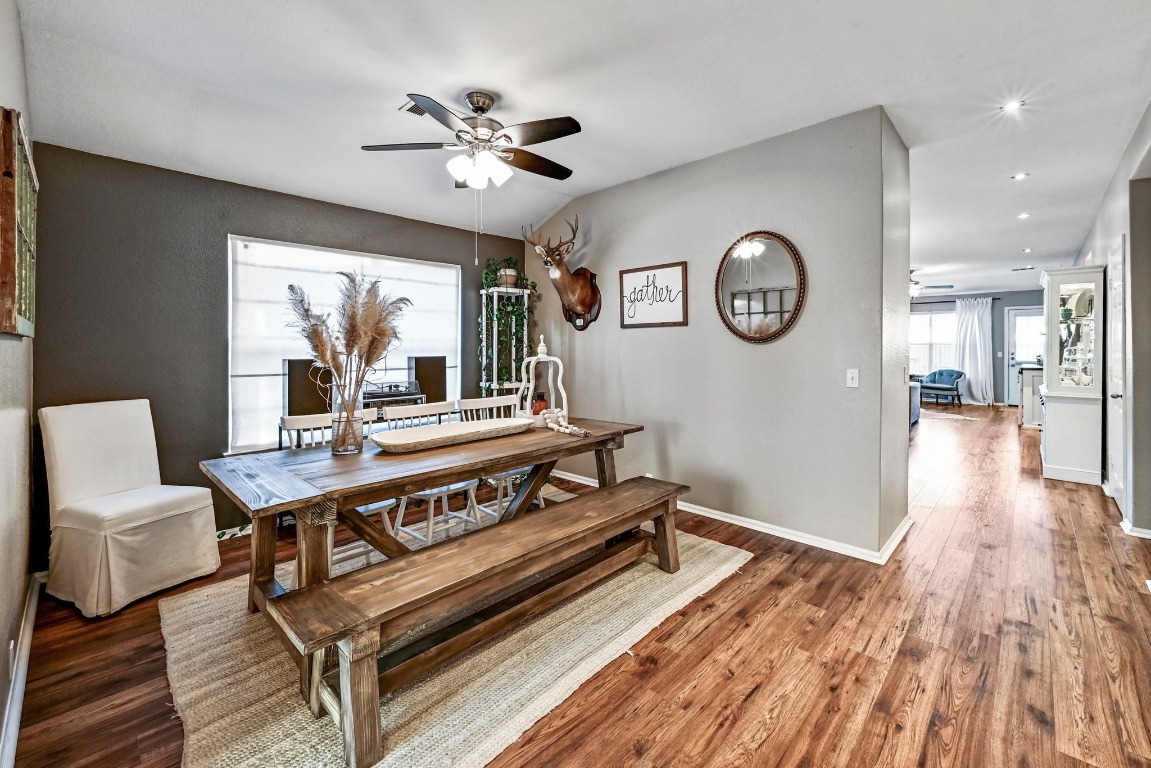 280 Spruce Drive Kyle, TX 78640 - Photo 12 of 30 Dining space with ceiling fan, wood finished floors, and recessed lighting