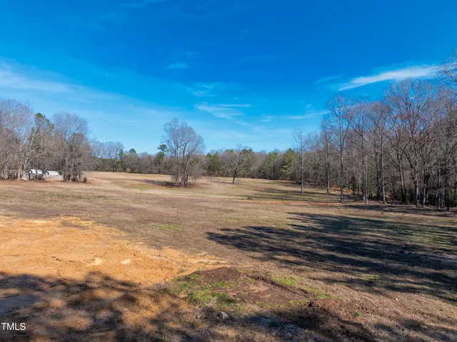 a view of a dirt road with trees