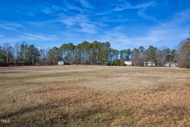a view of dirt field with trees in the background