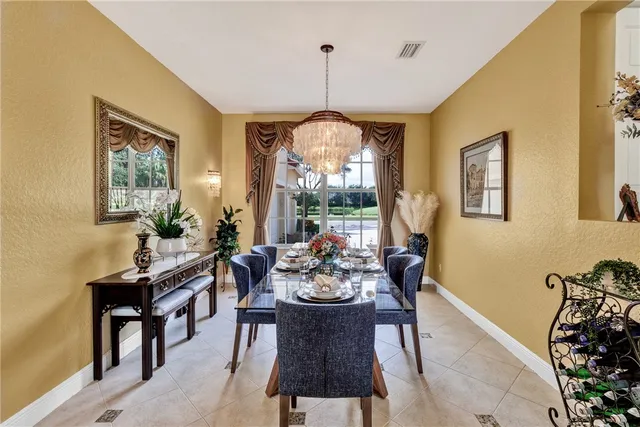 a view of a dining room with furniture window and outside view