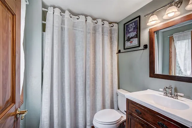 a bathroom with a sink a toilet and shower curtain