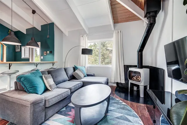 a living room with furniture a rug and a window