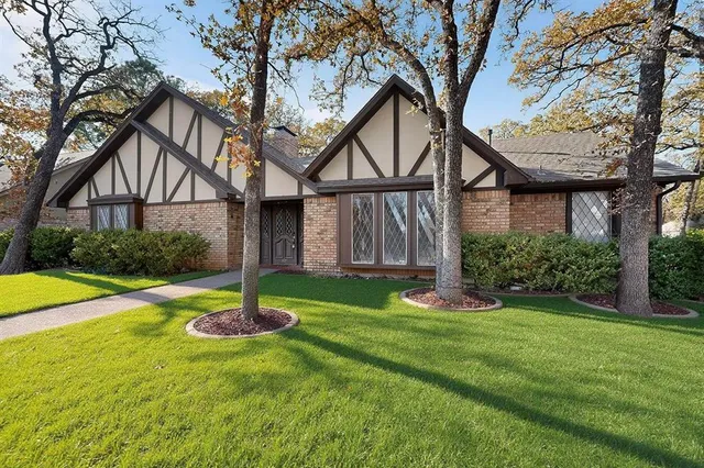 a backyard of a house with plants and large tree