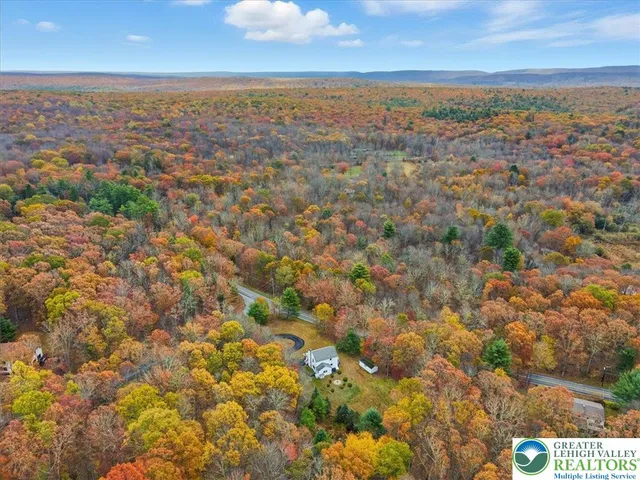 an aerial view of residential houses with outdoor space and trees