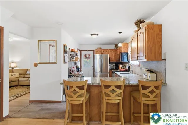 a view of a dining room with furniture