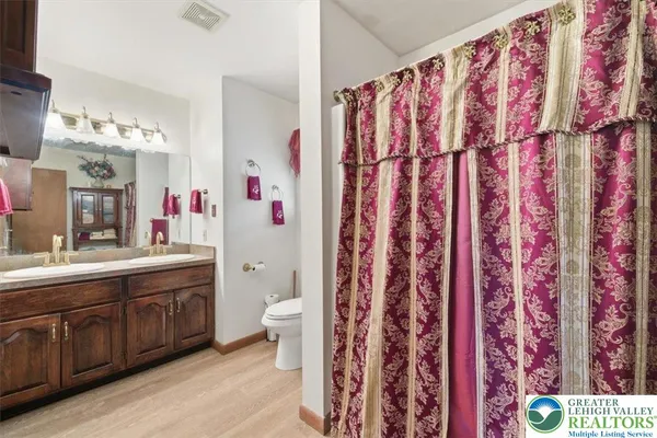 a bathroom with a sink a toilet and shower curtain