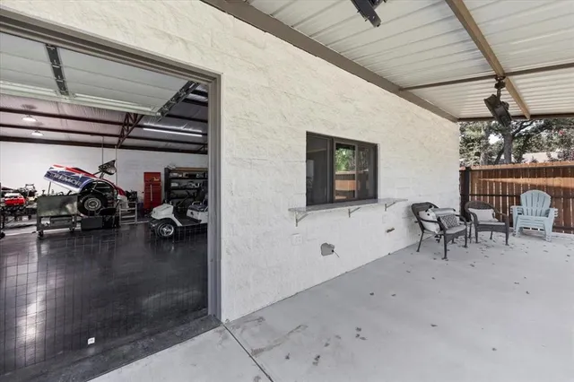 a view of a garage with storage