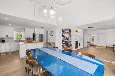 a view of a kitchen and dining room