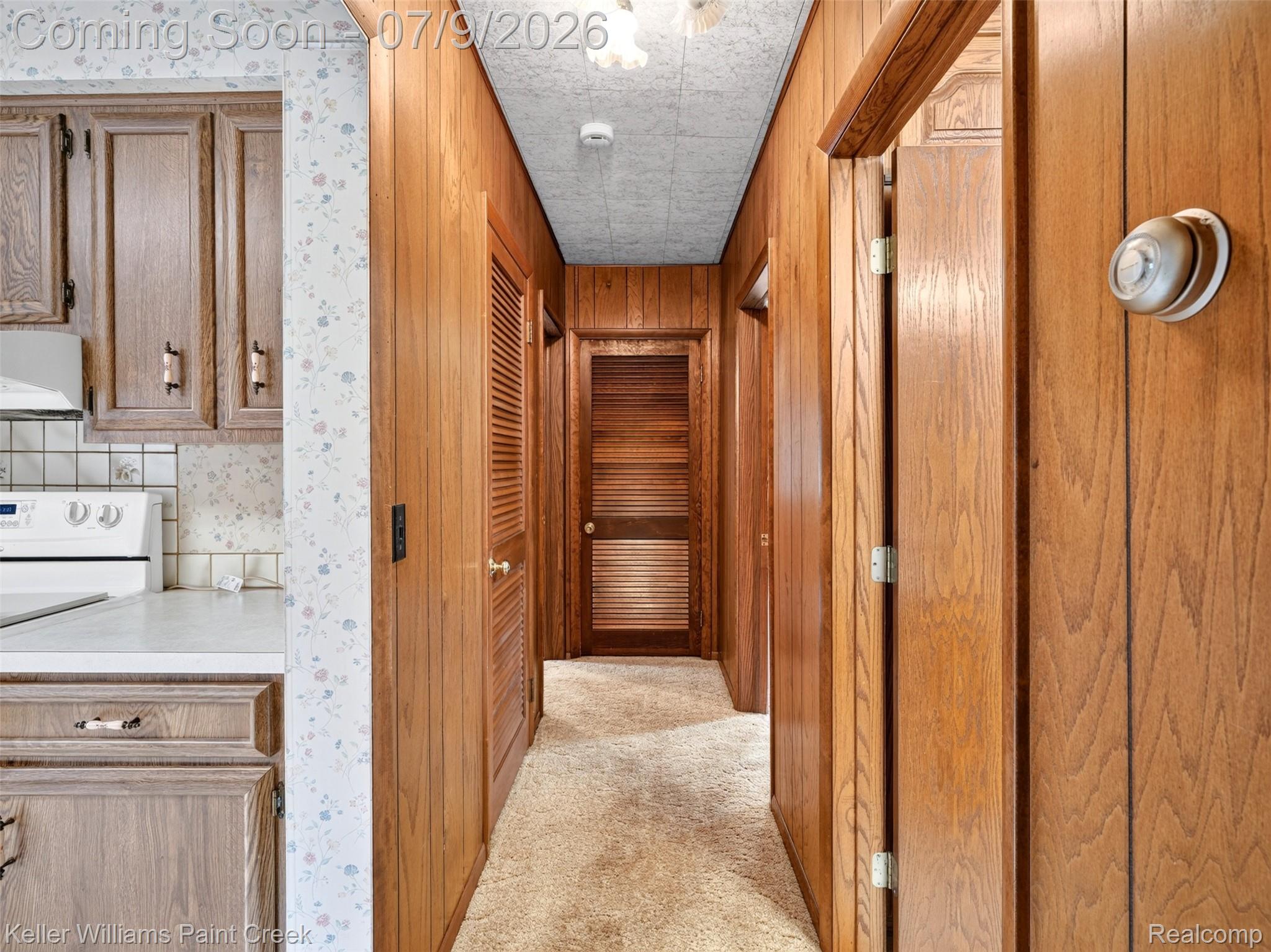 204 Russell Road Kawkawlin, MI 48631 - Photo 32 of 82 Hallway featuring wood paneling and beige carpeting