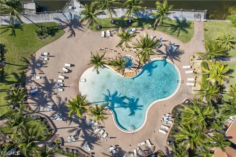 an aerial view of a swimming pool