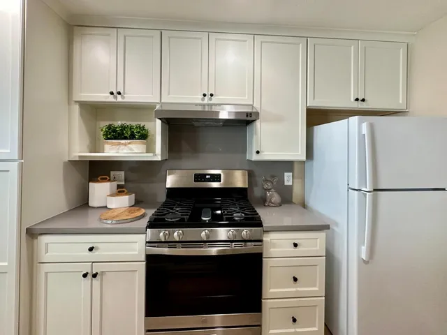 a kitchen with stainless steel appliances granite countertop white cabinets and a stove a refrigerator with white cabinets