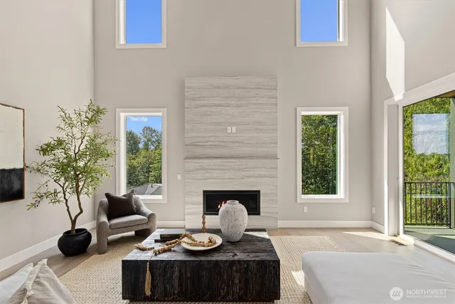 a living room with furniture a fireplace and a potted plant