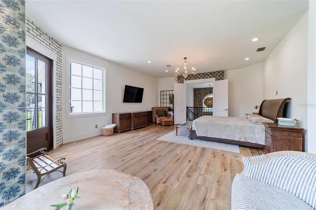 a view of a swimming pool with a garden