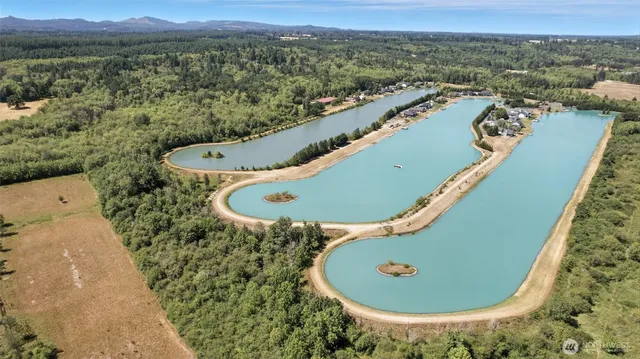 an aerial view of a house with a swimming pool and lake view