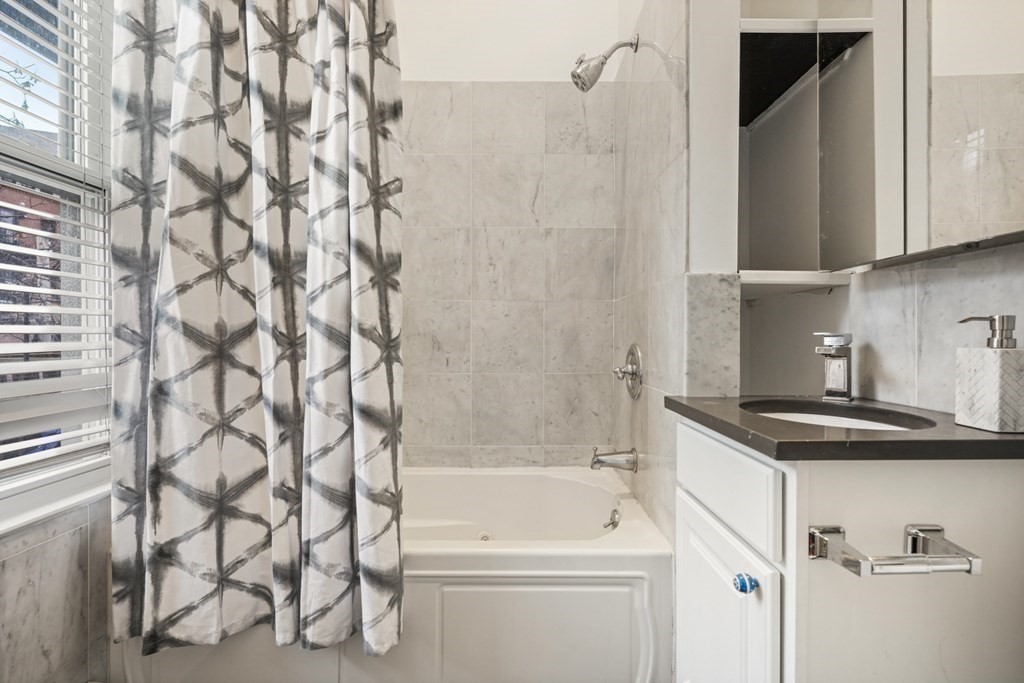 33 East Springfield Street, Unit 1 Boston, MA 02118 - Photo 17 of 31 a bathroom with a granite countertop sink and a bathtub with shower