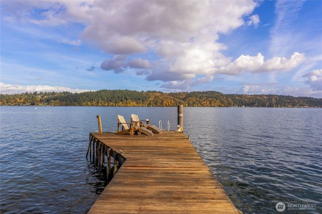 a front view of a lake with sunset