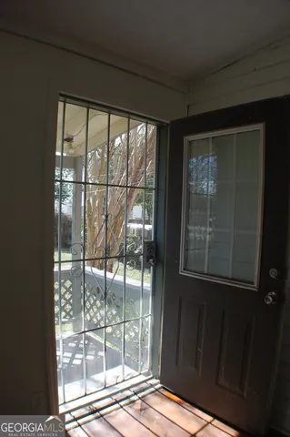 a view of a yard with plants and a large tree