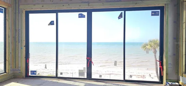 a view of a glass door with a from a window