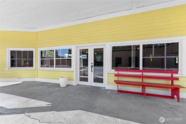 a view of swimming pool with red door