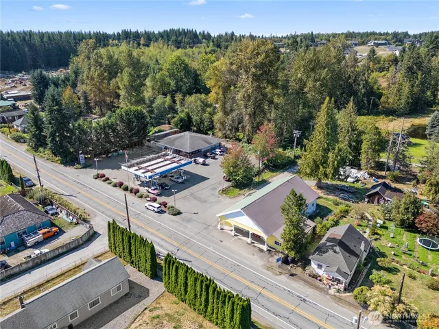 an aerial view of a house with a garden