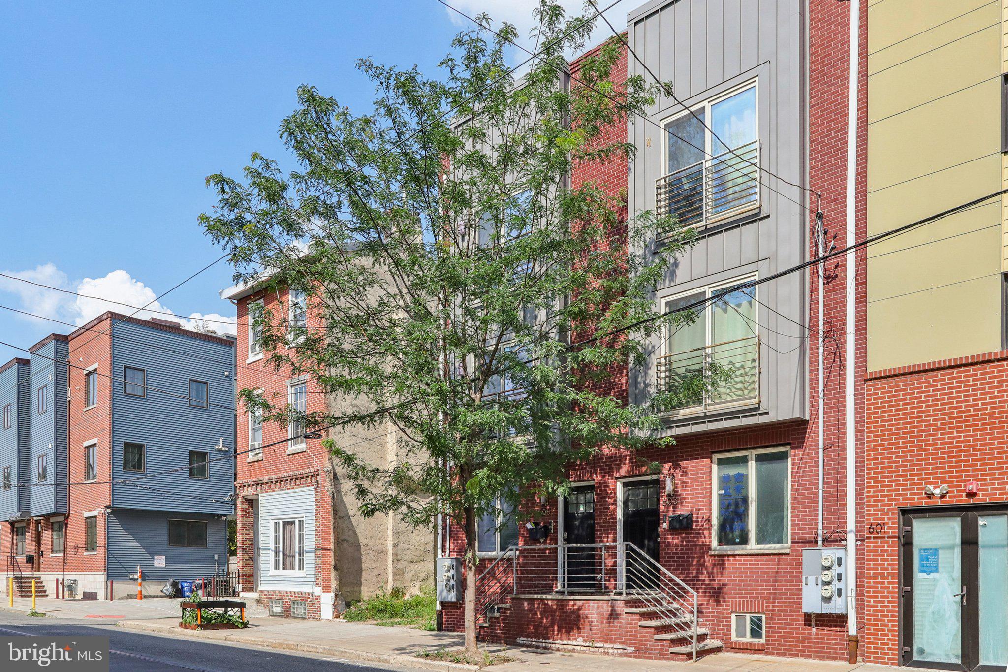 front view of a building with a street
