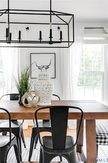 a view of a dining room with furniture and window