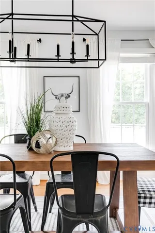a view of a dining room with furniture and window