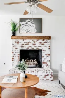 a kitchen with a stove and a fireplace