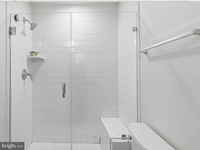 a bathroom with a shower and toilet