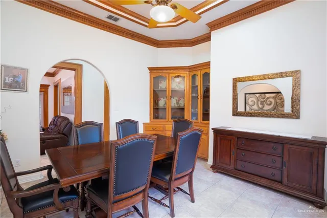 a view of a dining room with furniture