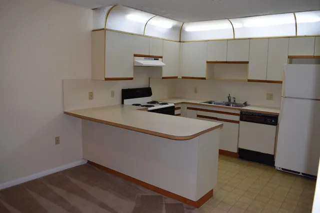 a kitchen that has a sink a stove and a refrigerator