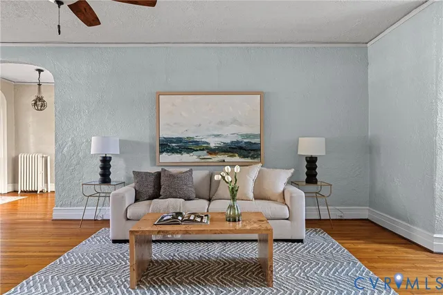 a living room with furniture and a potted plant