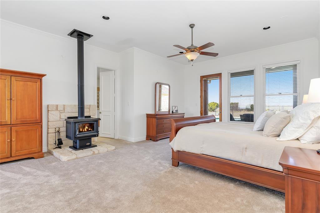 4520 South Nolan River Road Cleburne, TX 76033 - Photo 18 of 40 Bedroom featuring light carpet, crown molding, a wood stove, and access to exterior