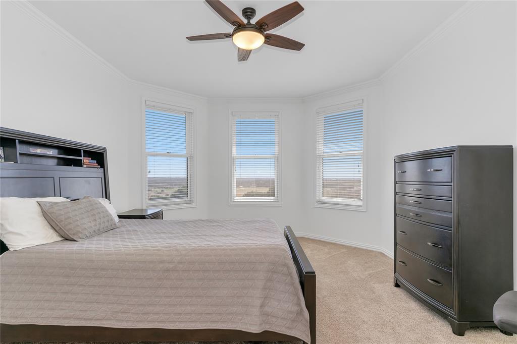4520 South Nolan River Road Cleburne, TX 76033 - Photo 28 of 40 Bedroom with ceiling fan, light colored carpet, baseboards, and ornamental molding