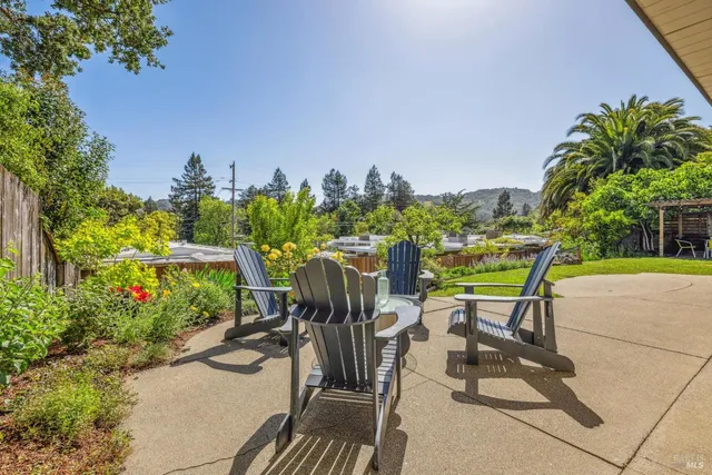 a view of a chairs and table in patio
