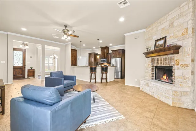 a living room with furniture and a fireplace