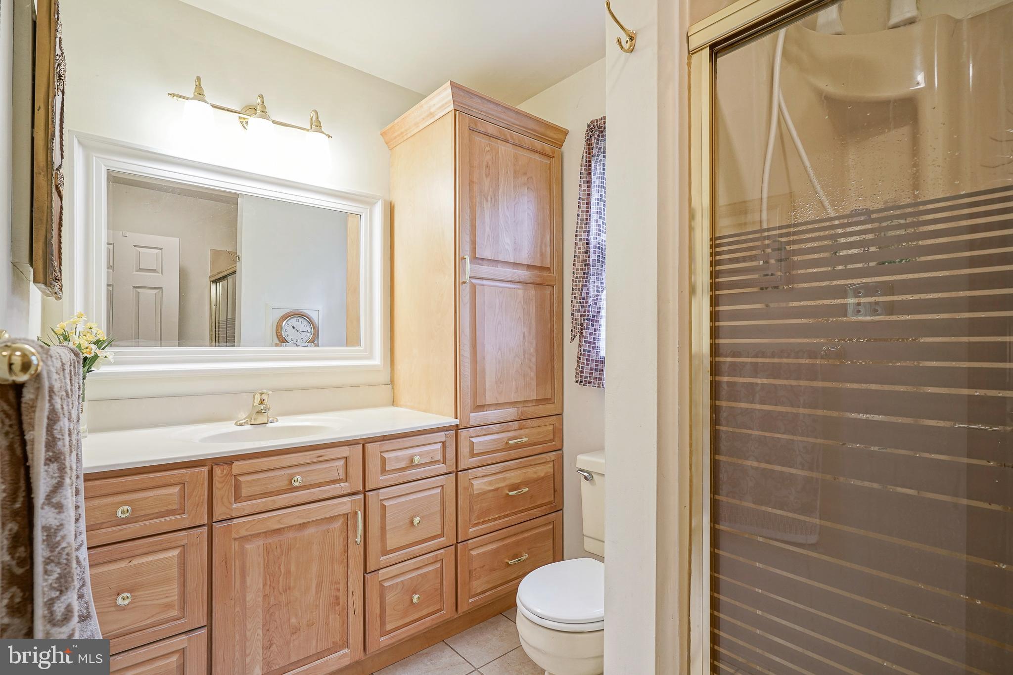 5 Meadowbrook Drive Shamong, NJ 08088 - Photo 20 of 39 a bathroom with a granite countertop sink toilet a mirror a vanity and shower